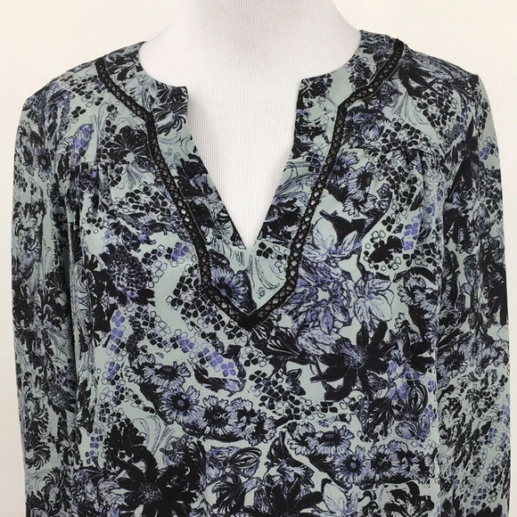 Rebecca Taylor Blouse Womens 0 Blue Black Floral Kiku Print 3/4 Sleeve Silk Top‎ - Picture 2 of 12